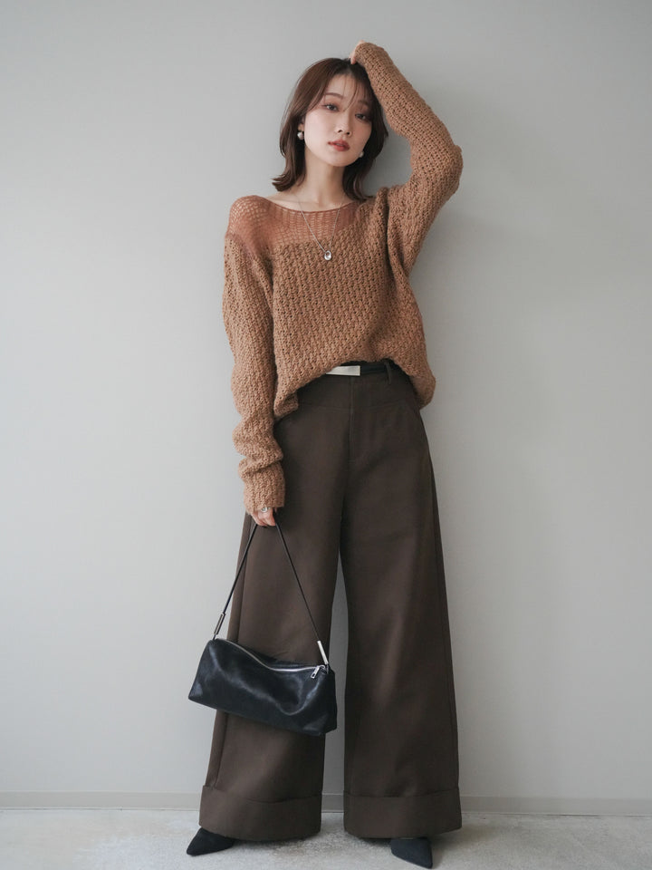 [予約]ベルト付き折り返しコットンツイルワイドパンツ/brown