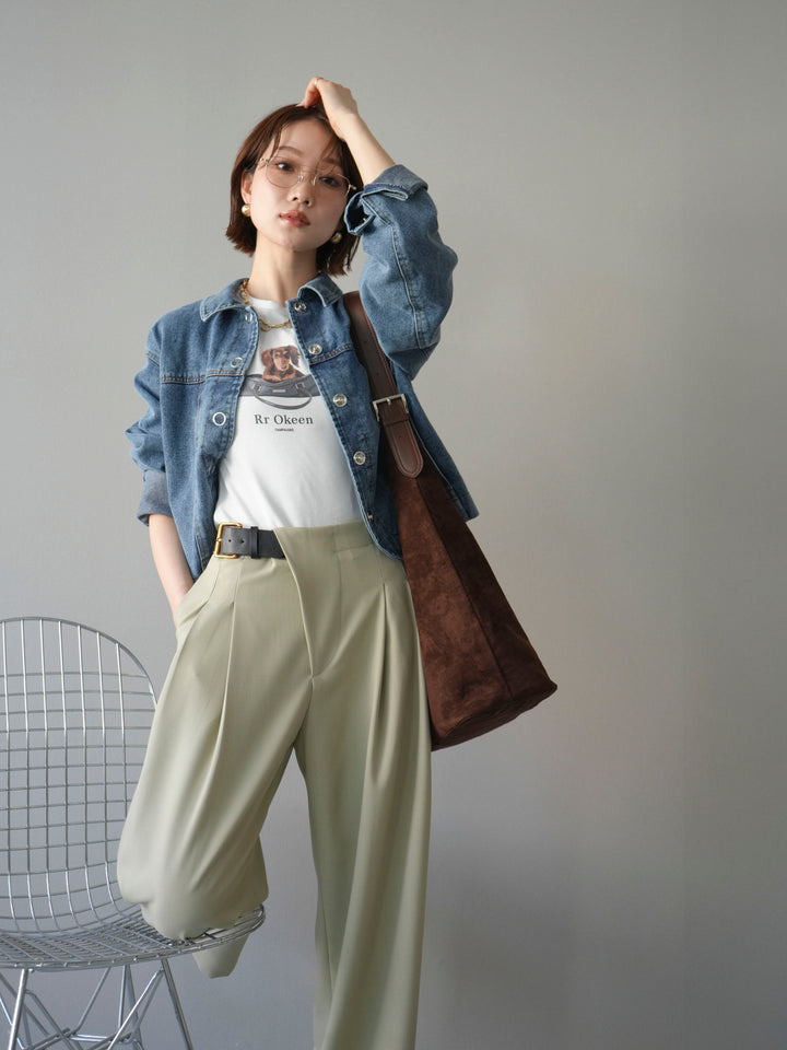 [SET]ラウンドカットコンパクトデニムジャケット+ドッグコンパクトTEE+アシンメトリーベルトタックワイドパンツ(3set)