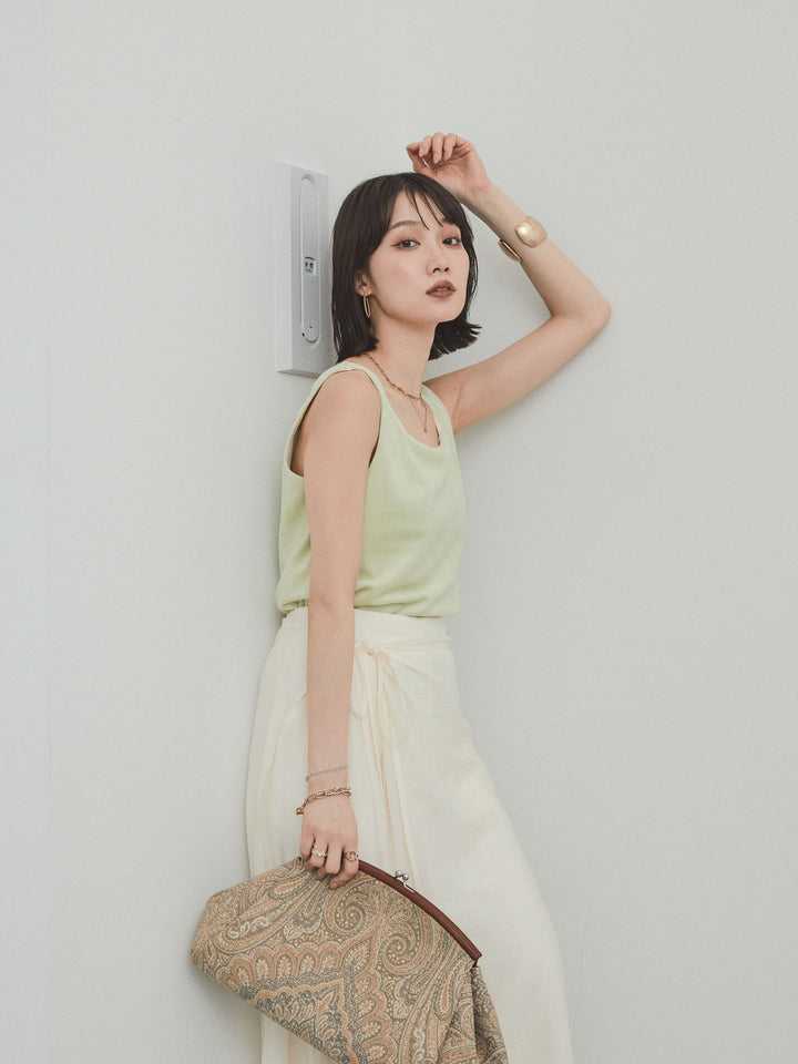 [SET]スクエアベロアタンクトップ+ワッシャーサテンレイヤードスカートパンツ(2set)