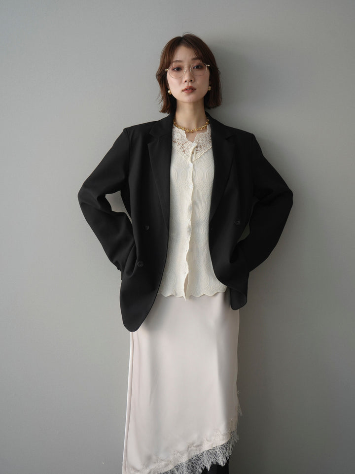 [SET]ダブルブレストオーバージャケット+レースネックジャガードニットカーディガン(2set)