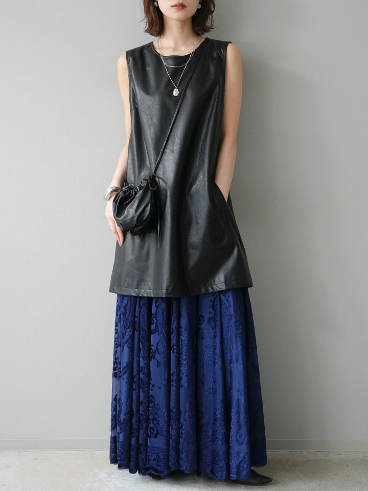 [予約]アンティーク柄フロッキーマキシスカート/ブルー