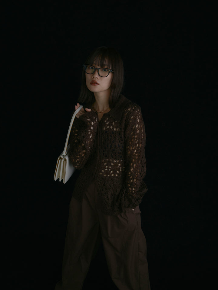 [予約]ローゲージ透かし編みポロニッカーディガン/ブラウン