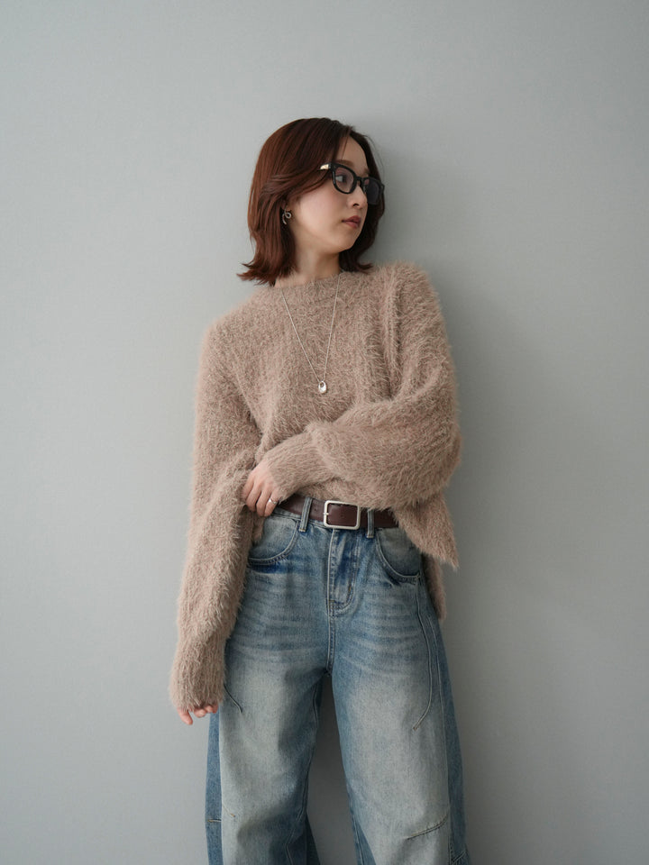 [SET]ボリュームスリーブシャギー MIXニットプルオーバー+ベルト付カーブデニムパンツ(2set)