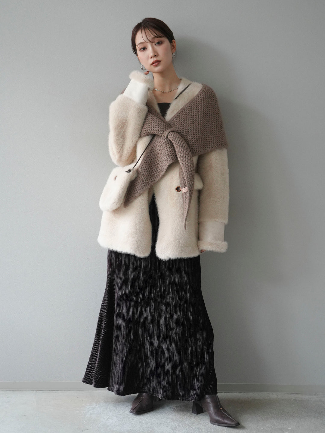 [予約]バッグ付エコファーノーカラーコート/beige