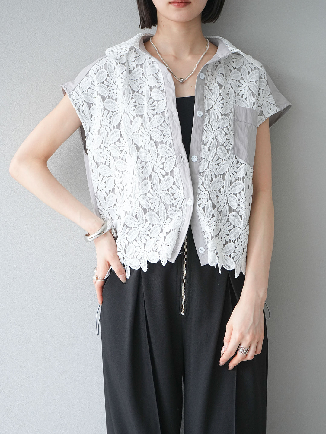 [予約]レースレイヤードドロストシャツ/グレー