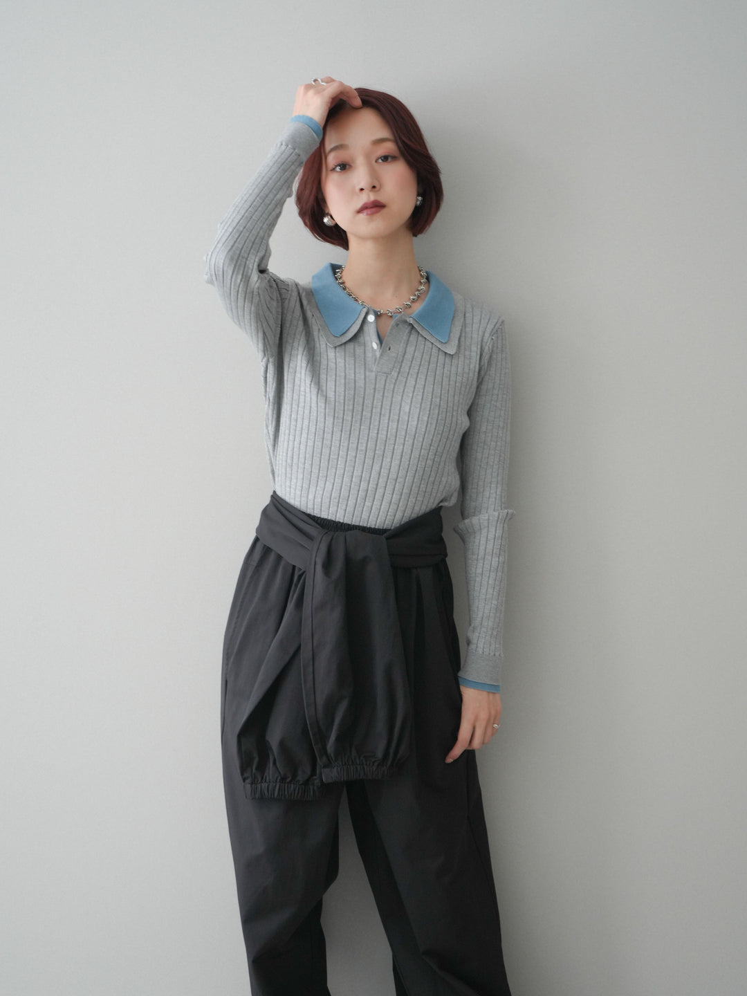 [SET]ダブル襟ポロリブニットトップス+選べるアクセセット(2set)