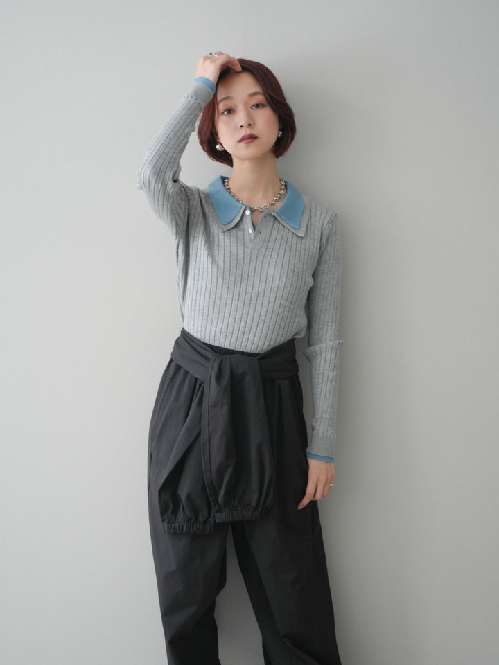 [SET]ダブル襟ポロリブニットトップス+選べるアクセセット(2set)