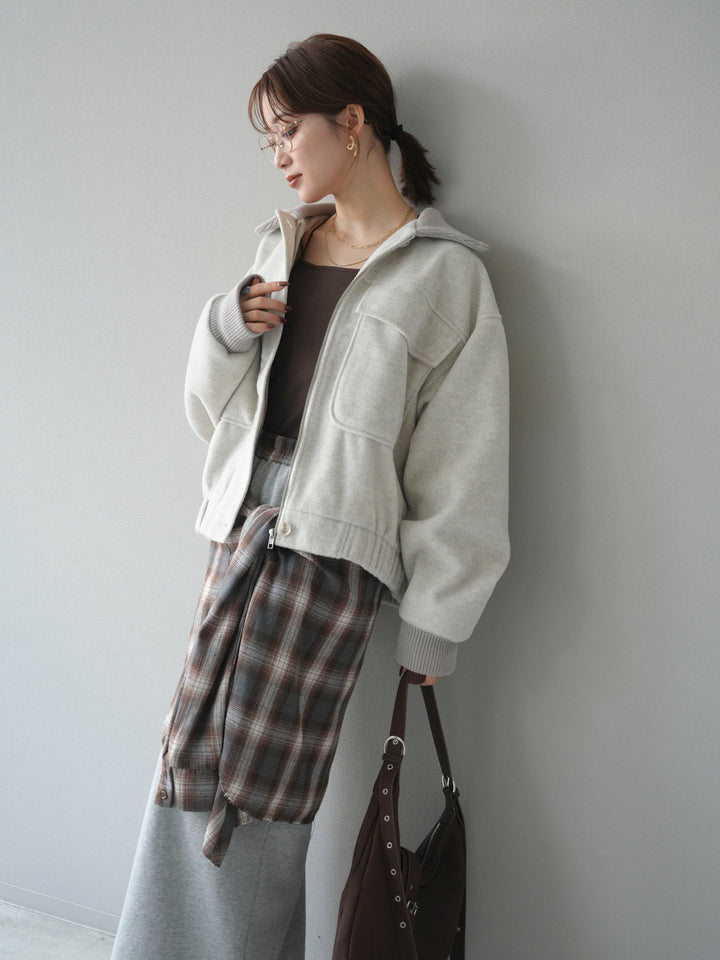 [予約]ウールタッチ襟リブステンカラーショートコート/oatmeal