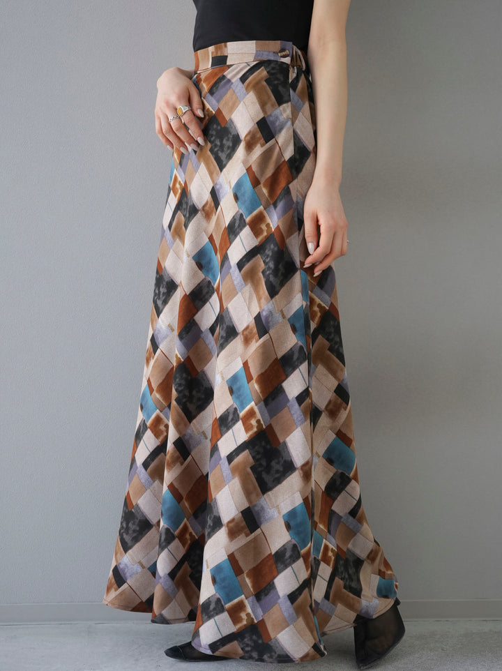 [Pre-order] Retro pattern flare skirt/brown