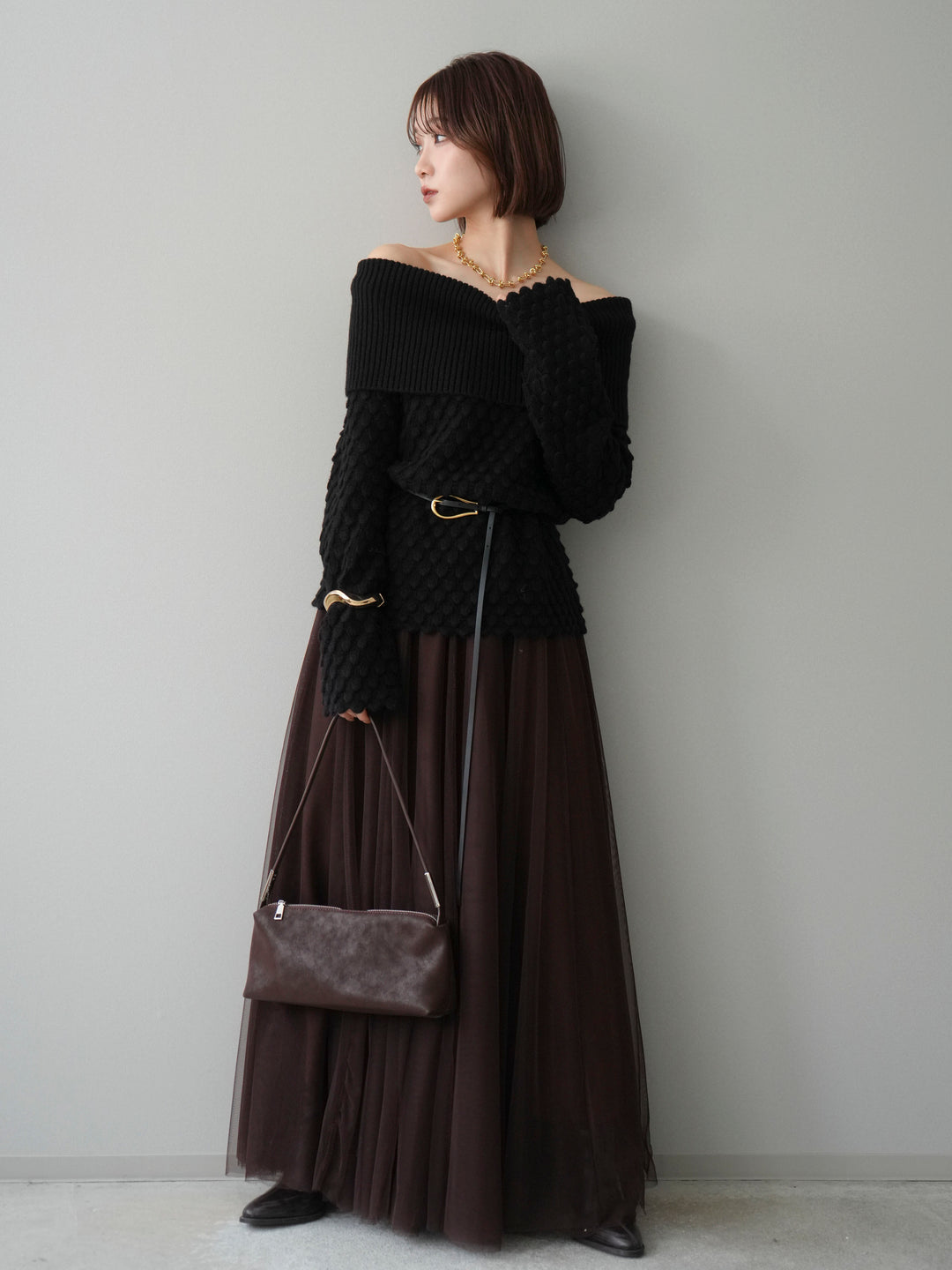 [SET]ポコポコ編みオフショルニットプルオーバー+チュールボリュームスカート(2set)