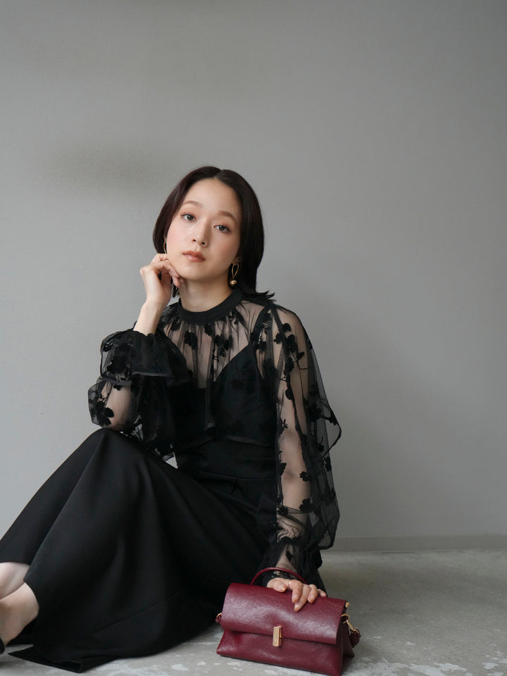 [予約]チュールフラワーフロッキーショートブラウス/ブラック