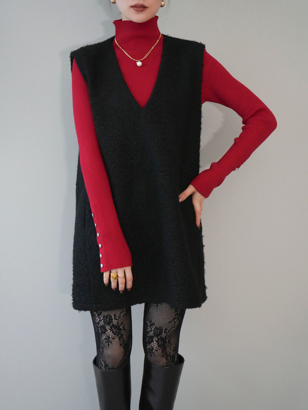 [予約]ミックスループヤーンニットミニワンピース/black