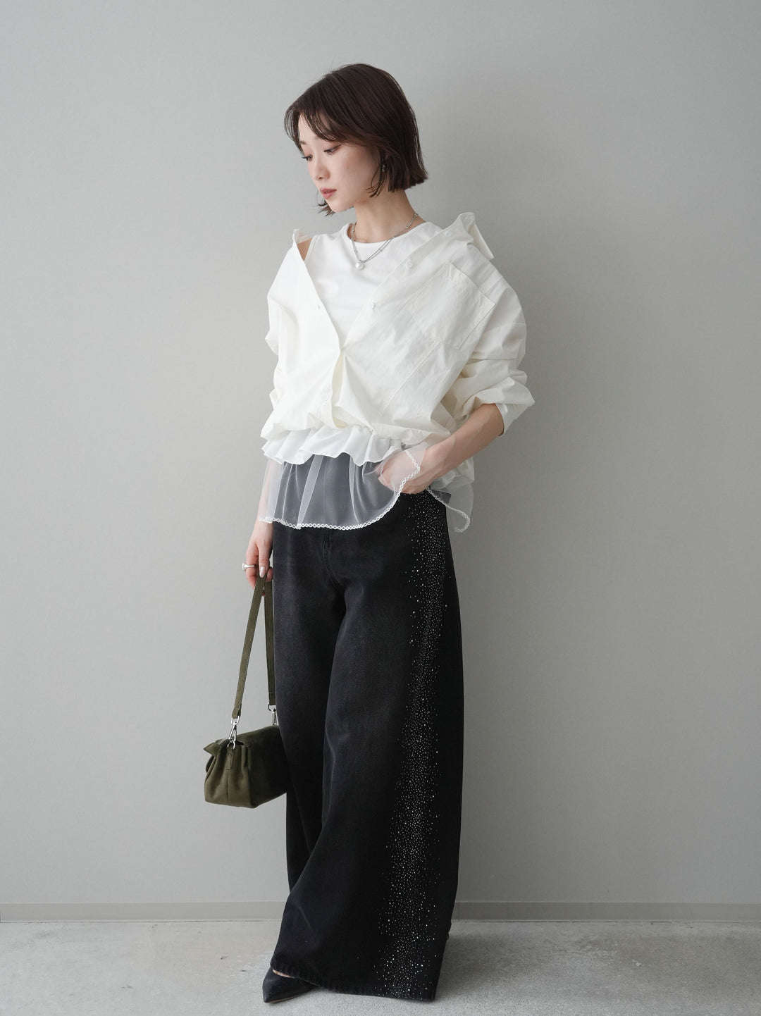 [予約]サイドビジューワイドデニムパンツ/black