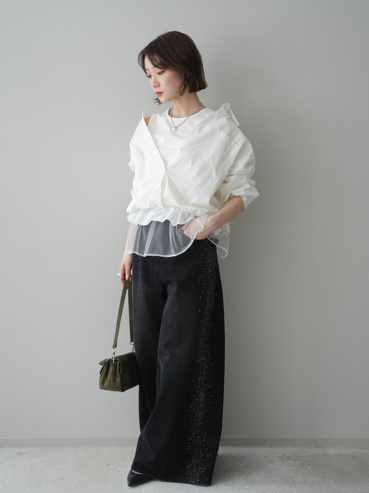 [予約]サイドビジューワイドデニムパンツ/black