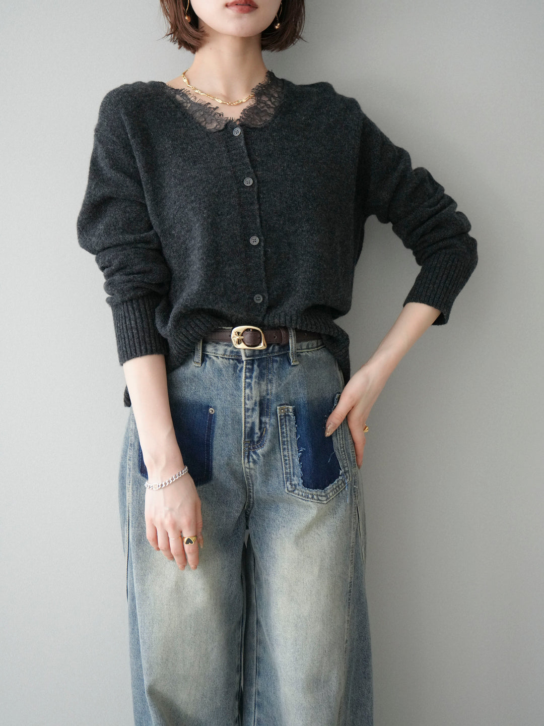 [SET]レースネックニットカーディガン+選べるアクセセット(2set)