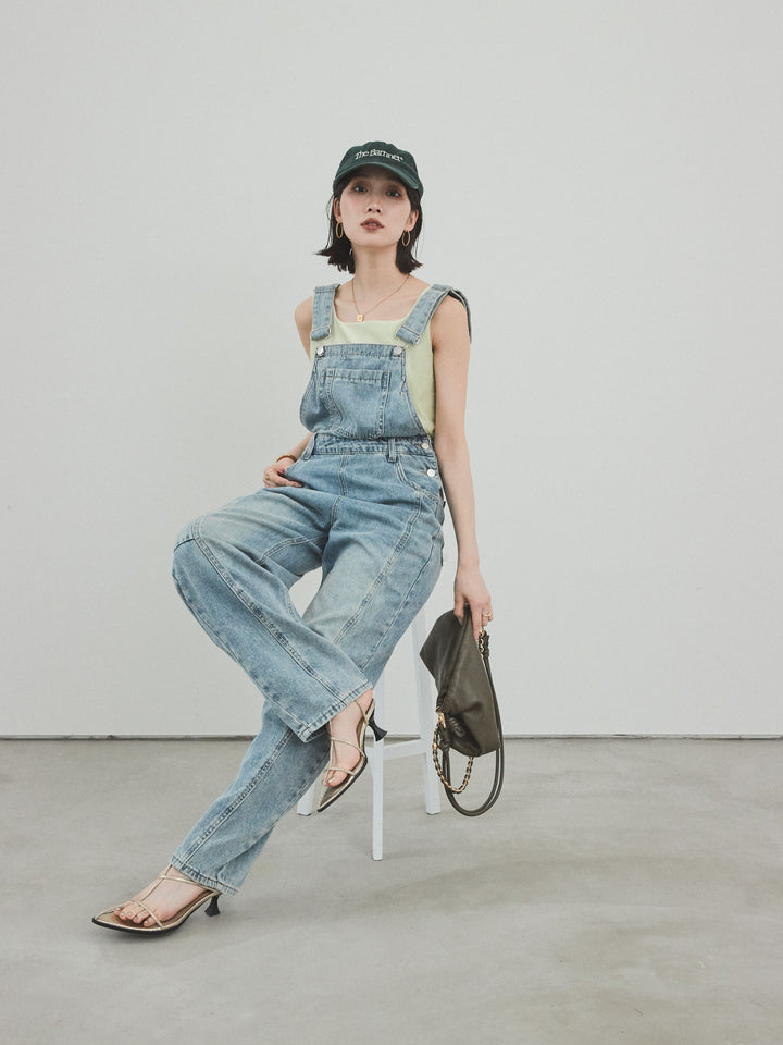 [SET]センターシームデニムサロペット +スクエアベロアタンクトップ(2set)