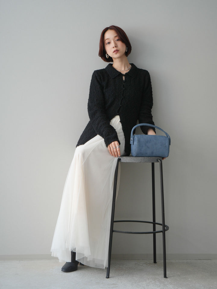 [予約]透かし編みブークレポロニットトップス/black