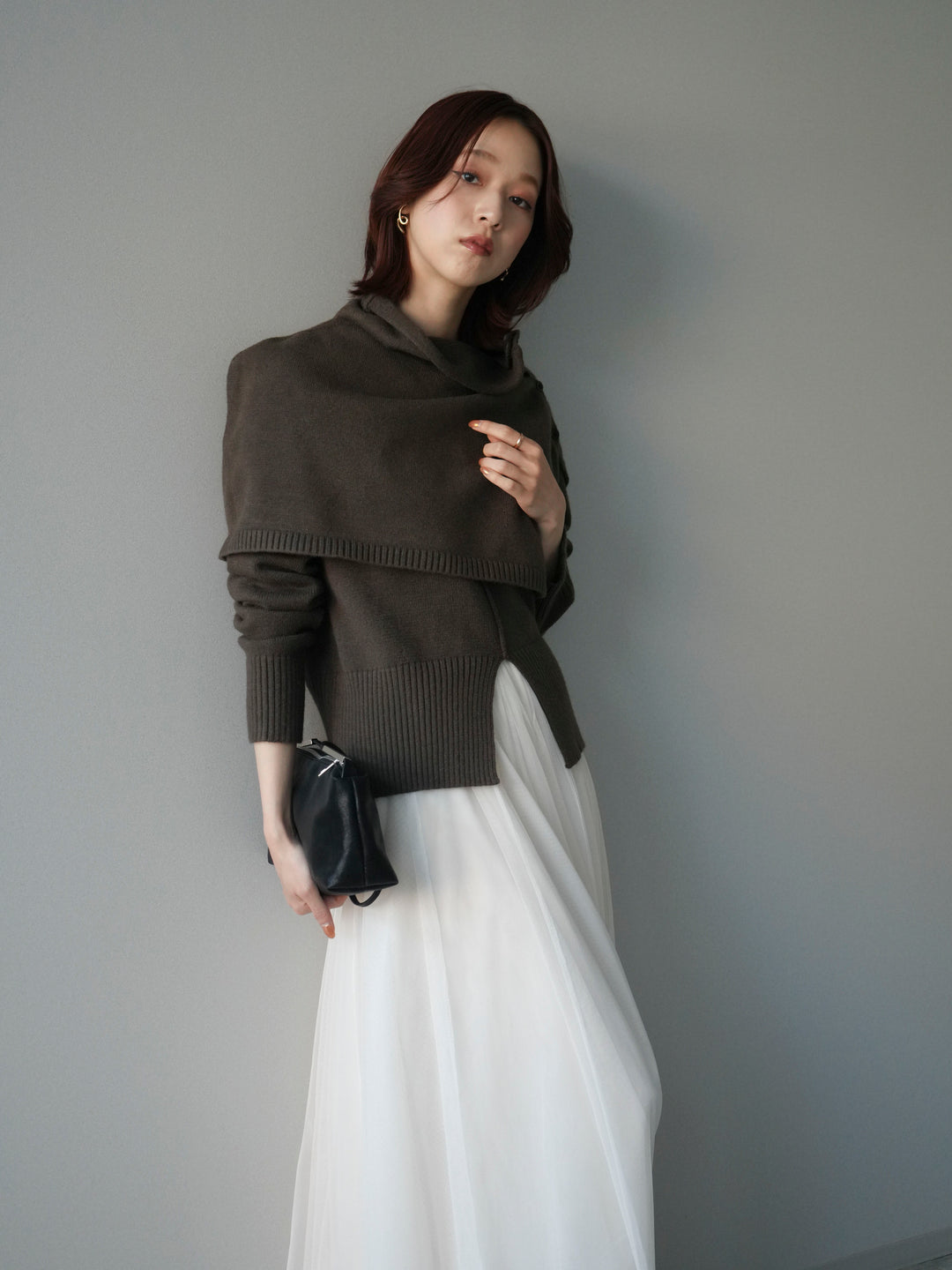 [予約]フロントスリットネックアンサンブルニット/khaki