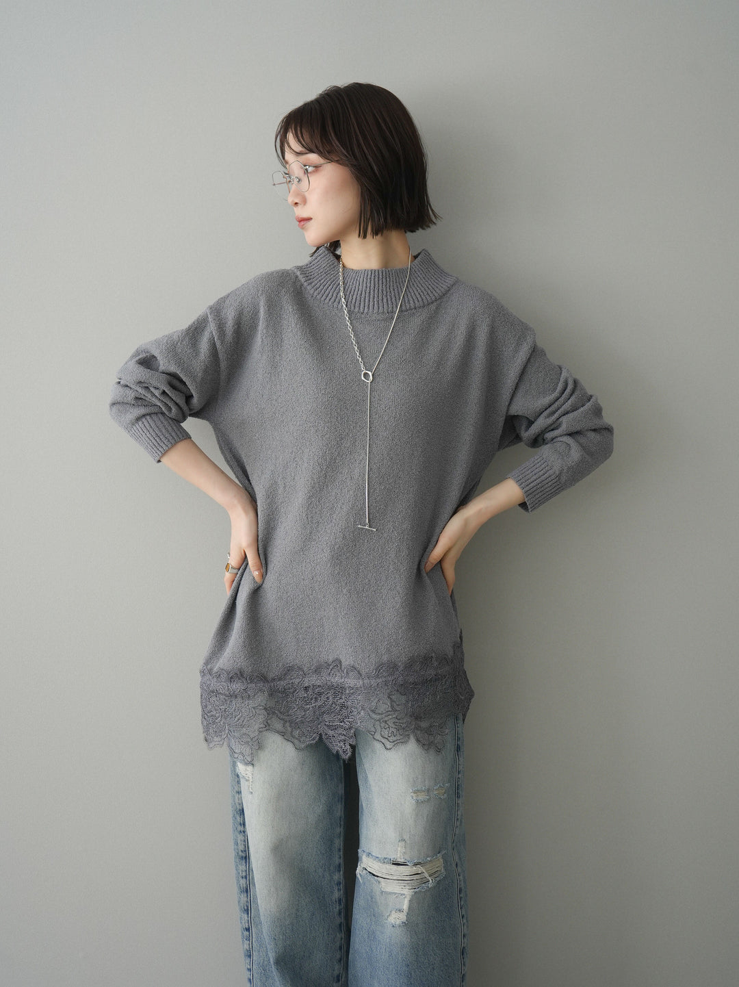 [SET]アシンメトリーレースヘムニットプルオーバー+アシンメトリーレースヘムニットプルオーバー(2set)