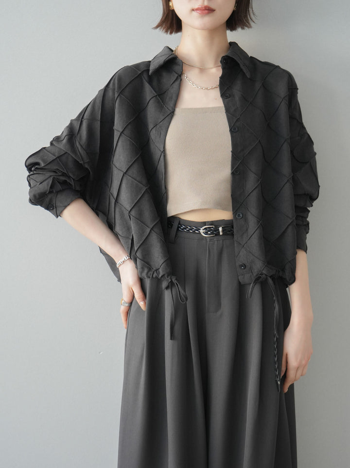 [SET]パイピングクロスデザインブラウス+編み込みベルト付タックワイドパンツ(2set)