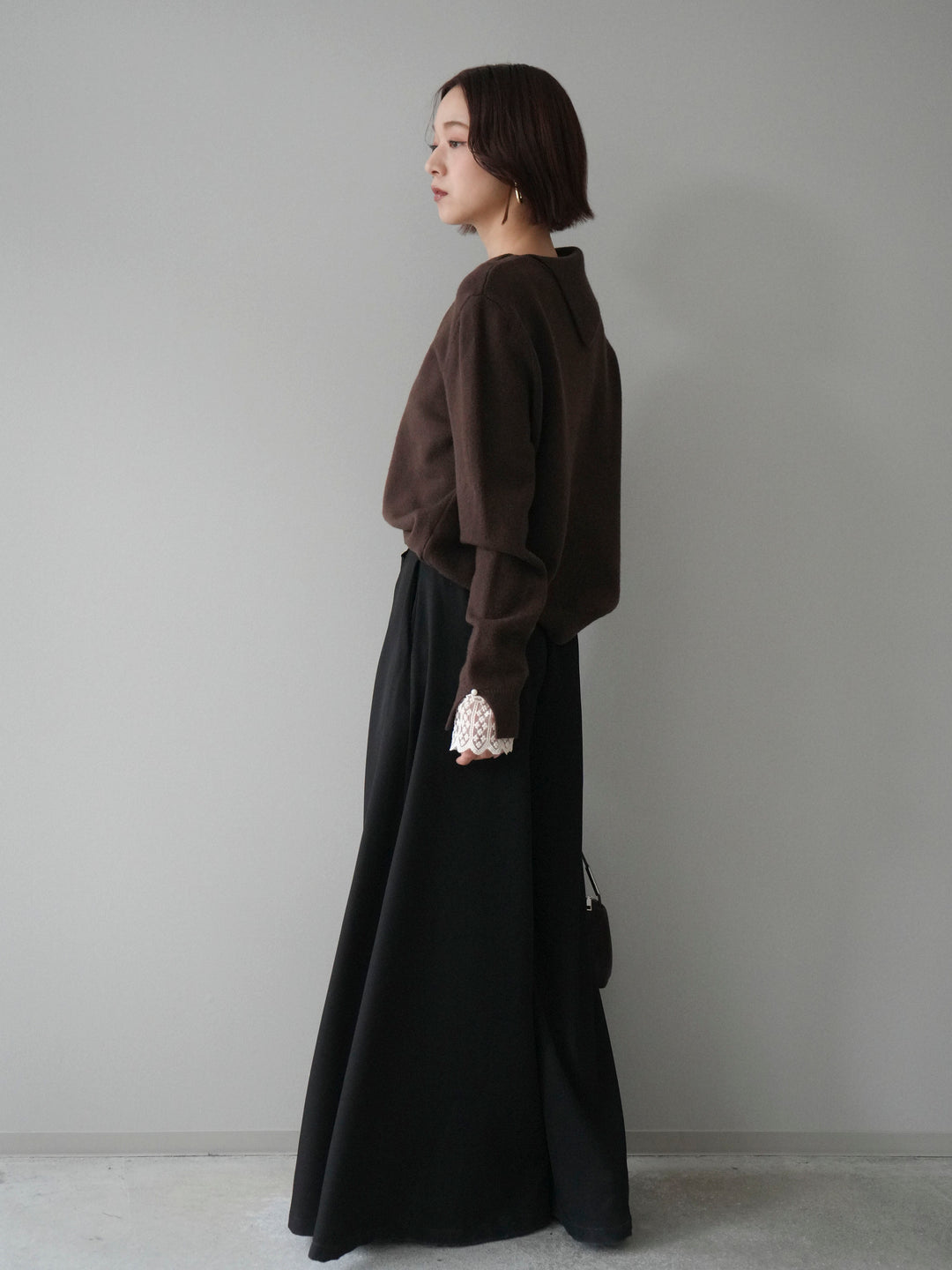 [SET]袖レースパール付き配色ニットトップス+テープベルトタックバギーパンツ(2set)