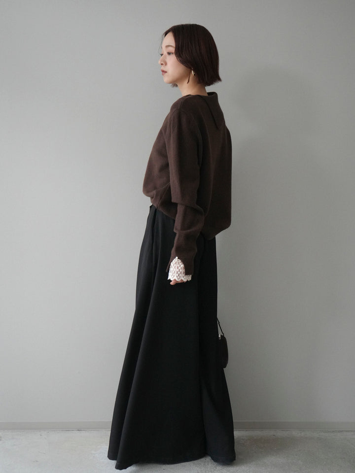 [SET]袖レースパール付き配色ニットトップス+テープベルトタックバギーパンツ(2set)