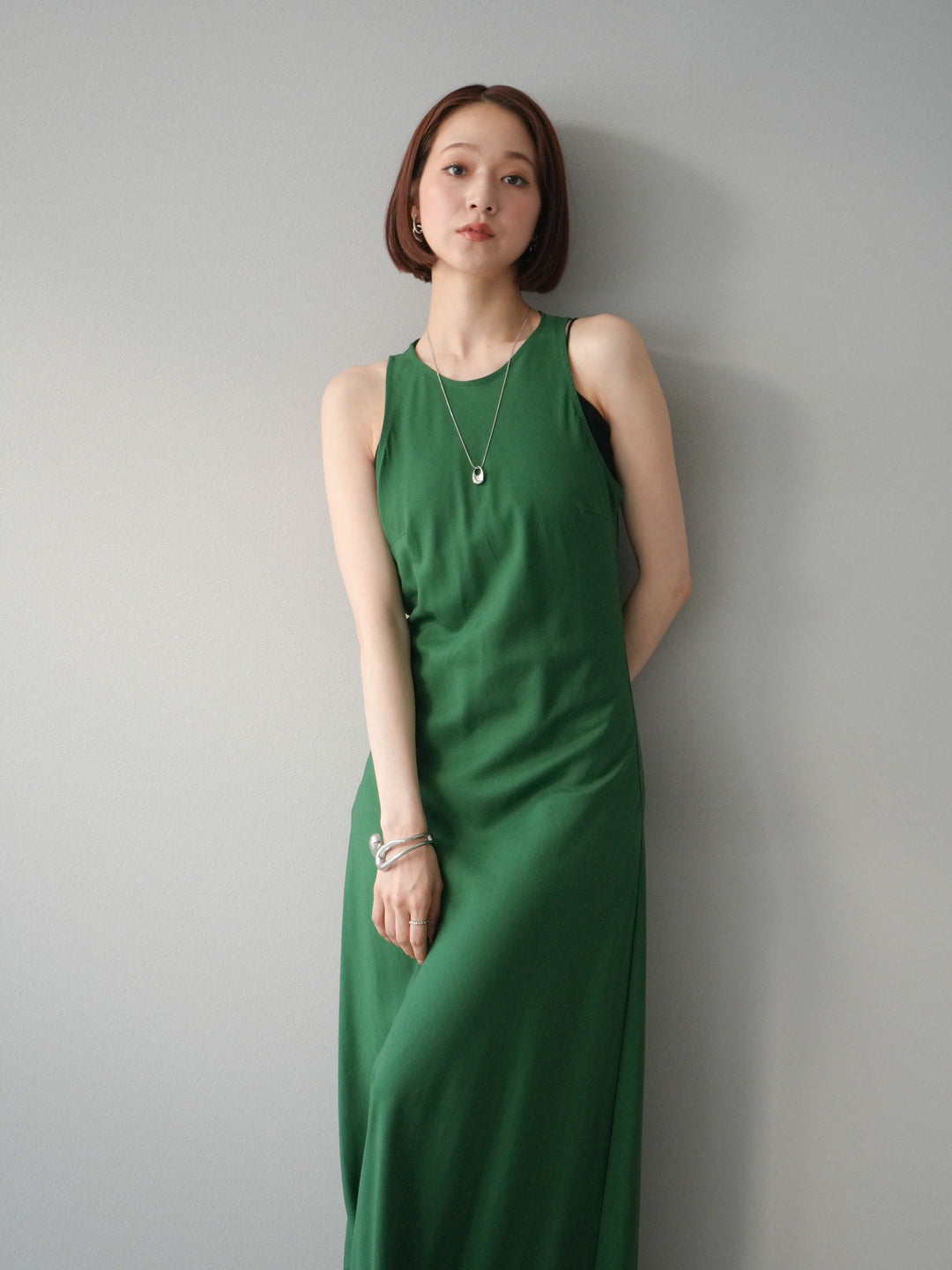 [予約]リネンタッチノースリーブワンピース/グリーン