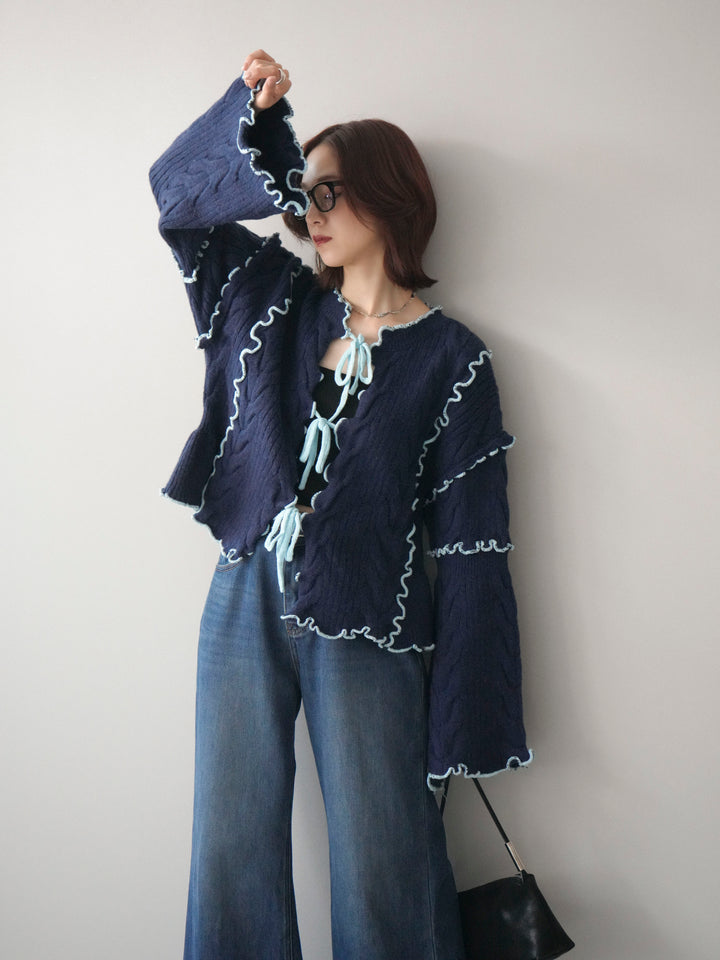 [SET]フロントリボン配色メローニットカーディガン+裏起毛裾フリンジワイドデニムパンツ(2set)