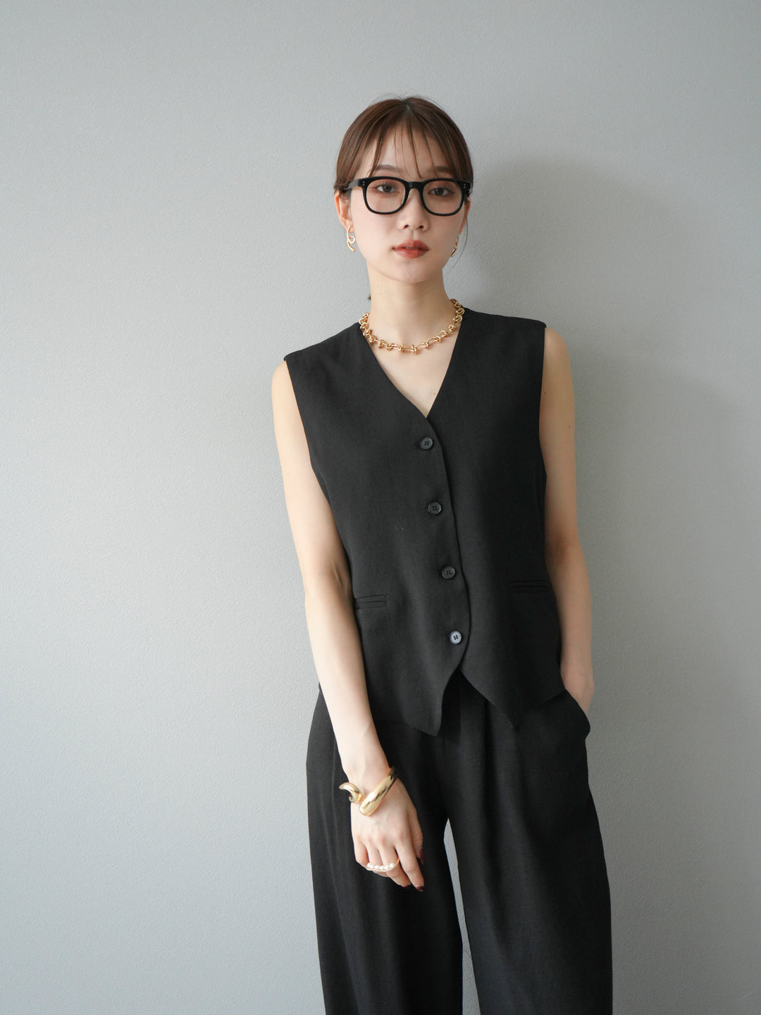 [SET]Vネックジレ＆ワイドパンツSET UP(2set)