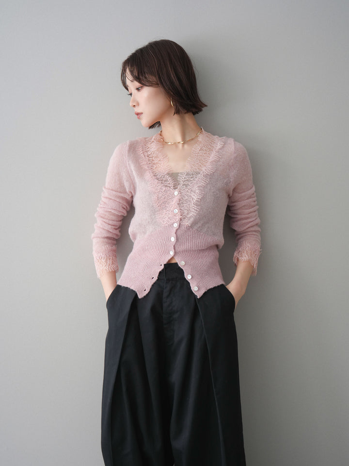 【預購】馬海毛觸感蕾絲針織開襟衫 / 粉紅色