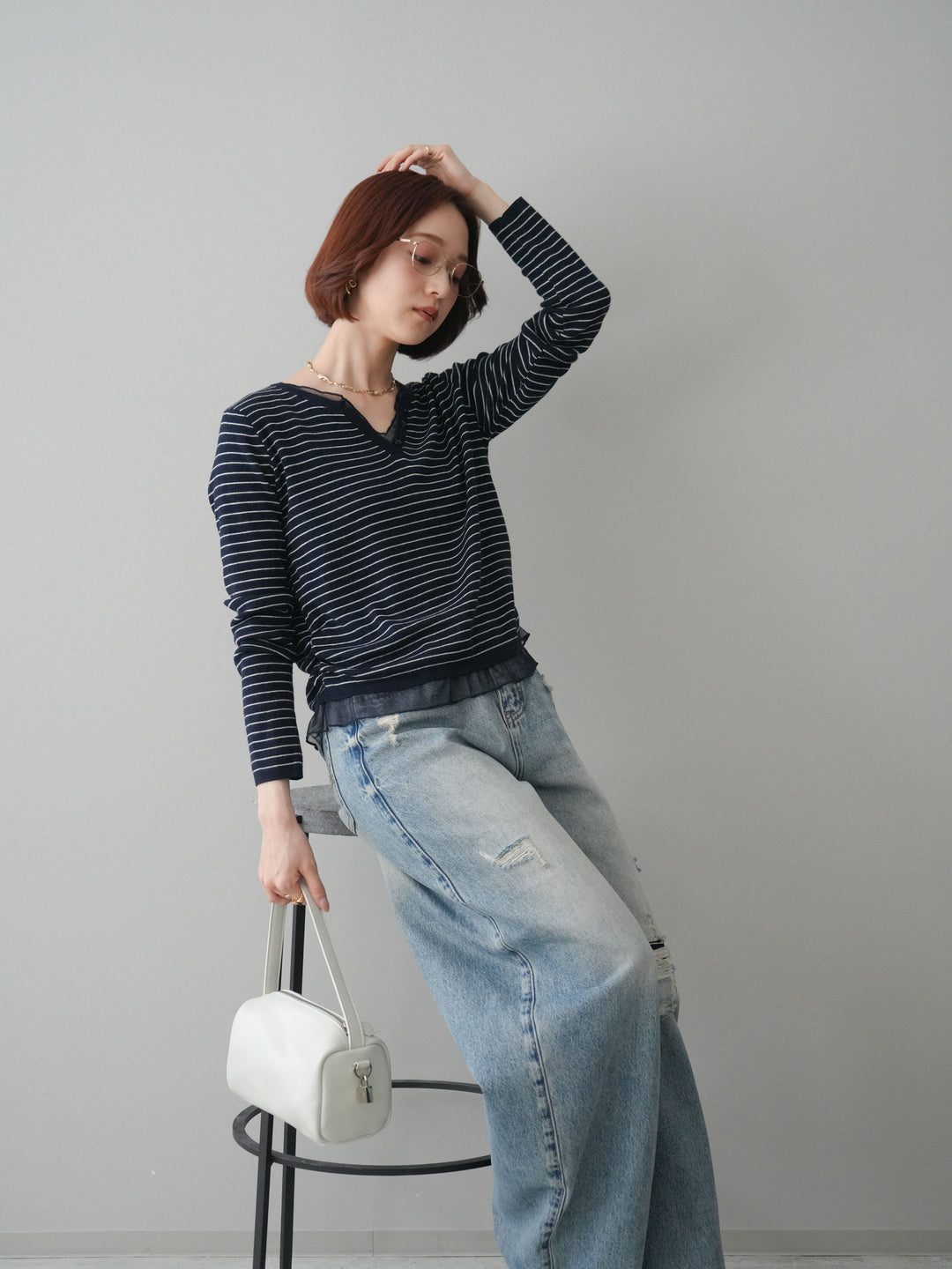 [SET]チュールレイヤードデザインボーダーニットトップス+ダメージデニムセミワイドパンツ(2set)