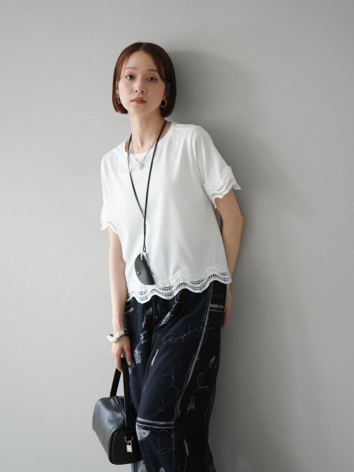 [SET]レース切替カットソー+コード刺繍チュールレイヤードパンツ(2set)