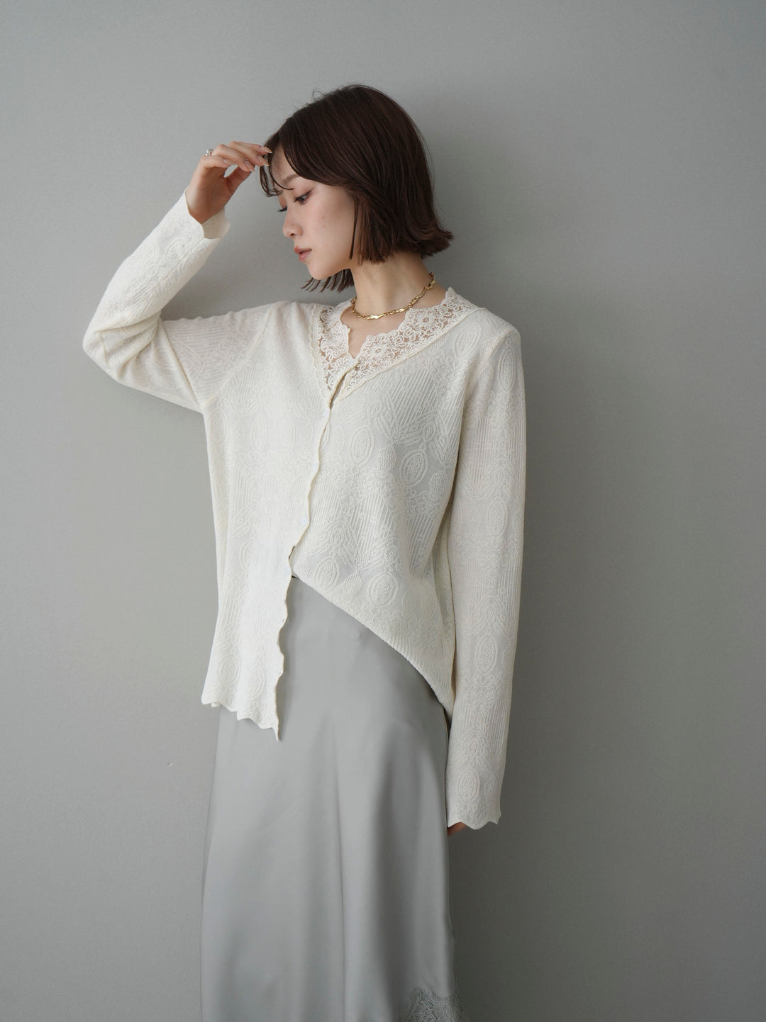 [SET]レースネックジャガードニットカーディガン+センターシームフレアパンツ(2set)