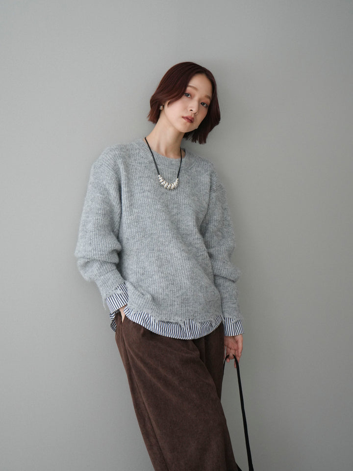 [SET]裾シャツレイヤードダメージニットプルオーバー+コーデュロイサイドタックコクーンパンツ(2set)