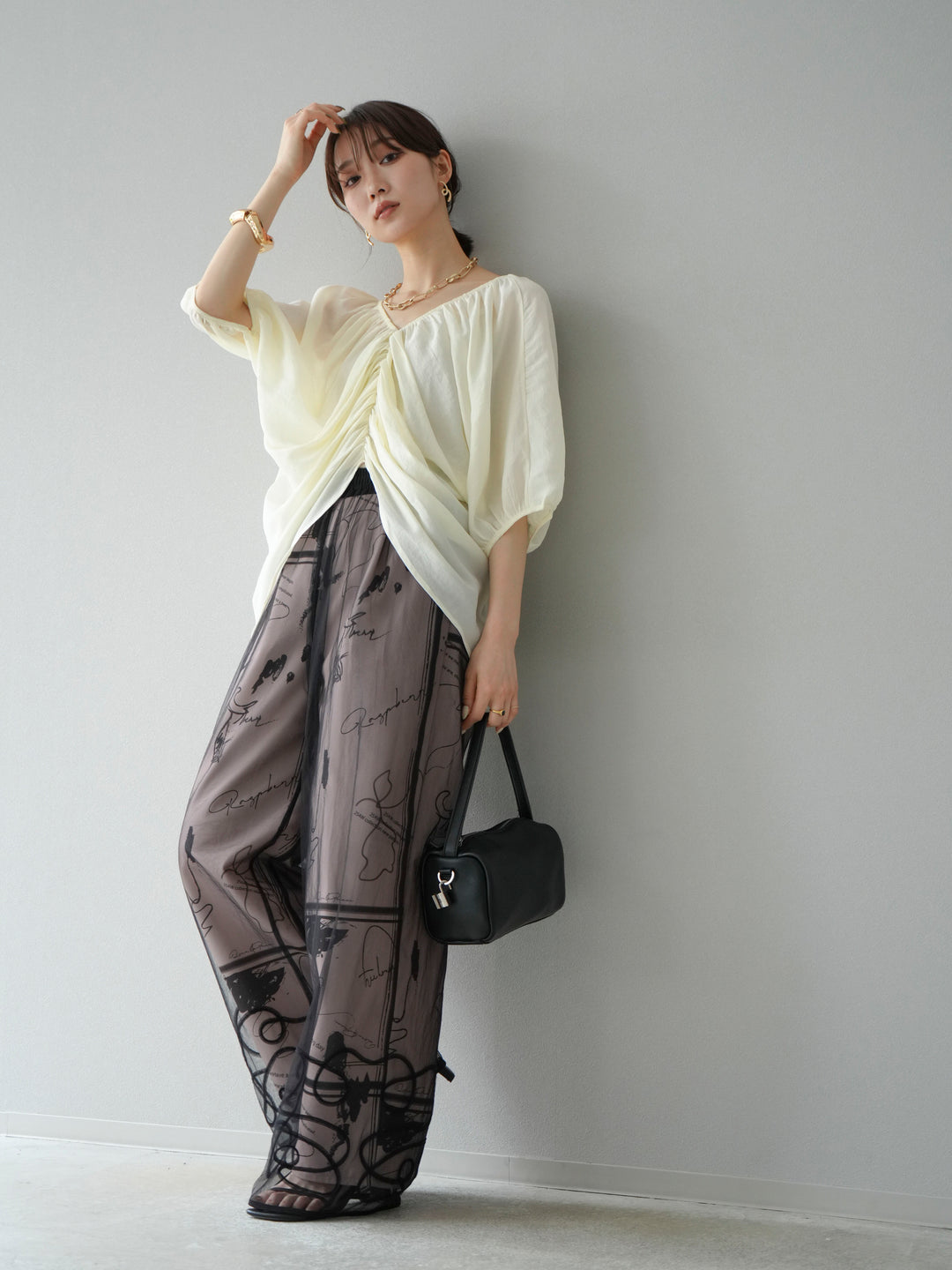 [SET]コード刺繍チュールレイヤードパンツ+ペイント柄タックパンツ(2set)