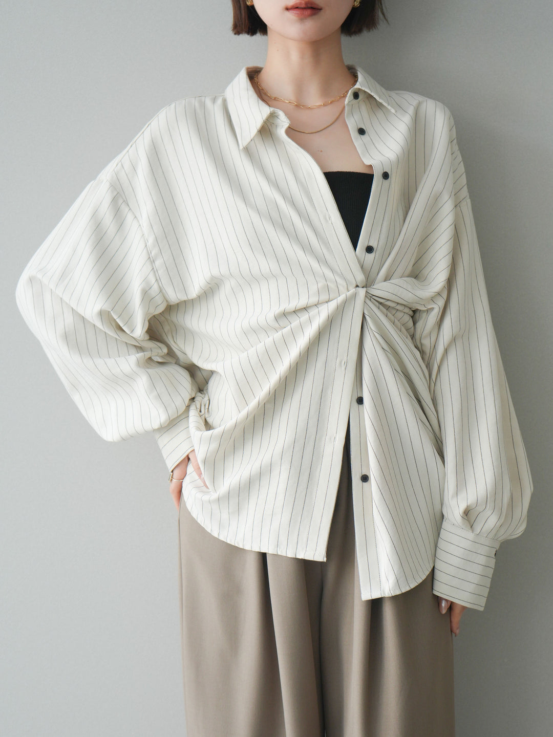 [SET]2WAYカシュクールストライプブラウス+ベルト付キーホルダーモチーフワイドパンツ(2set)