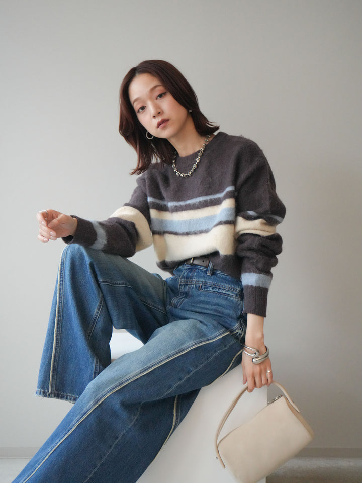 [SET]ソフトタッチボーダークロップドニットプルオーバー+サイドフリンジワイドデニムパンツ(2set)