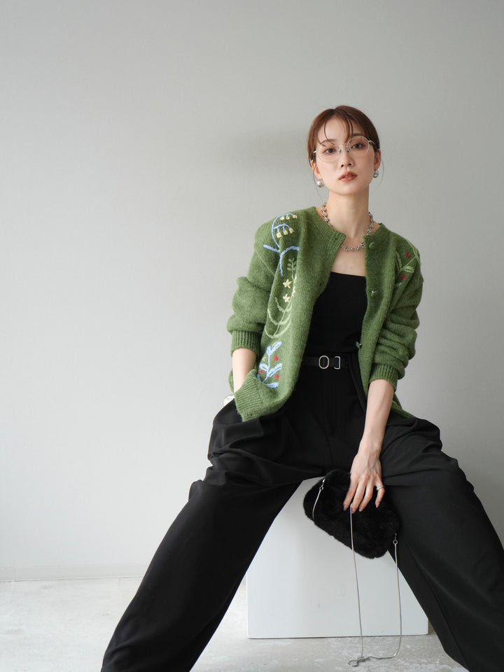 [SET]フラワー刺繍ニットカーディガン+ベルト付タックワイドパンツ(2set)
