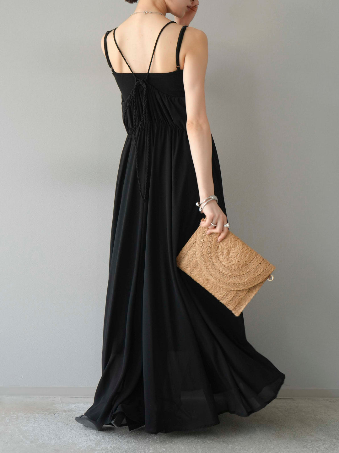 [予約]編み込みデザインシフォンワンピース/ブラック