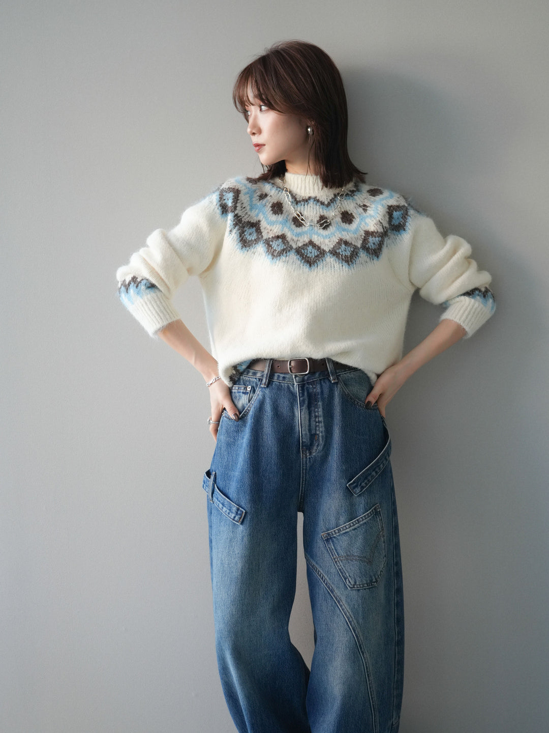 [SET]ソフトタッチ求心柄ニットプルオーバー+選べるアクセセット(2set)