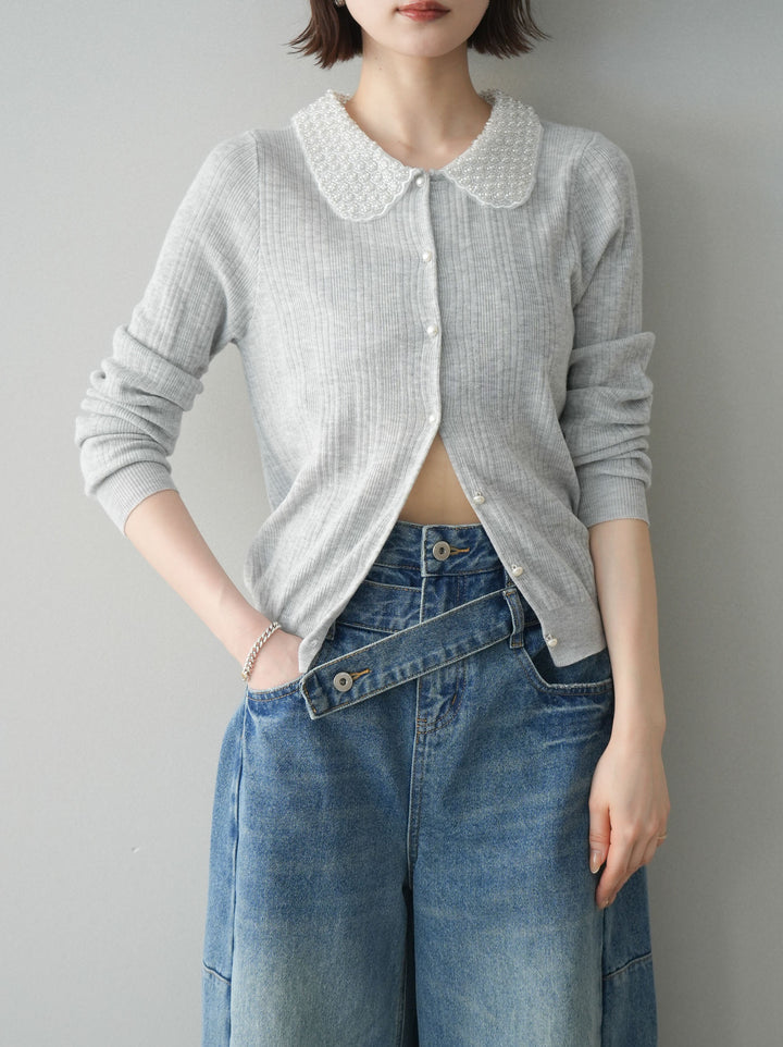 [予約]ビジュー襟パールボタンニットカーディガン/gray