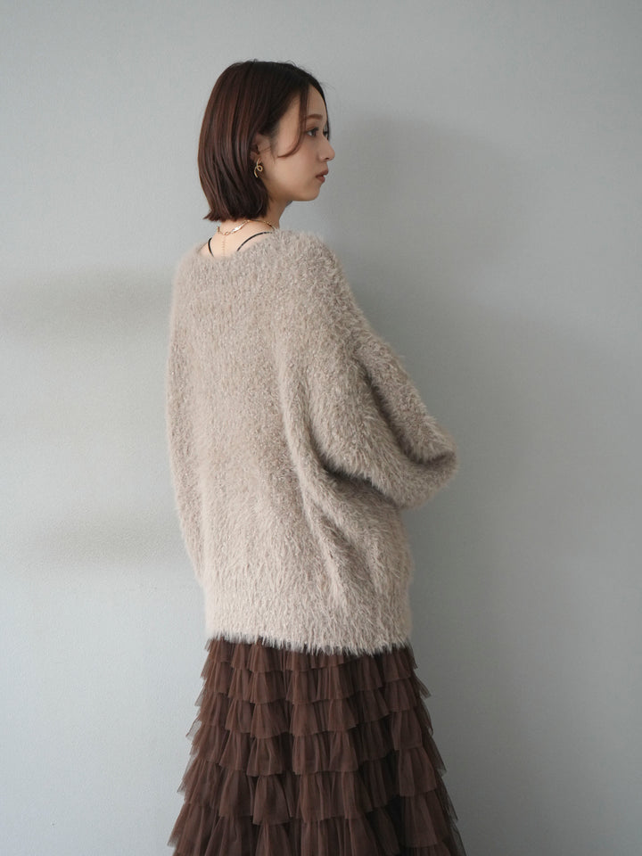 [予約]クルーネックランダムシャギーカーディガン/グレージュ