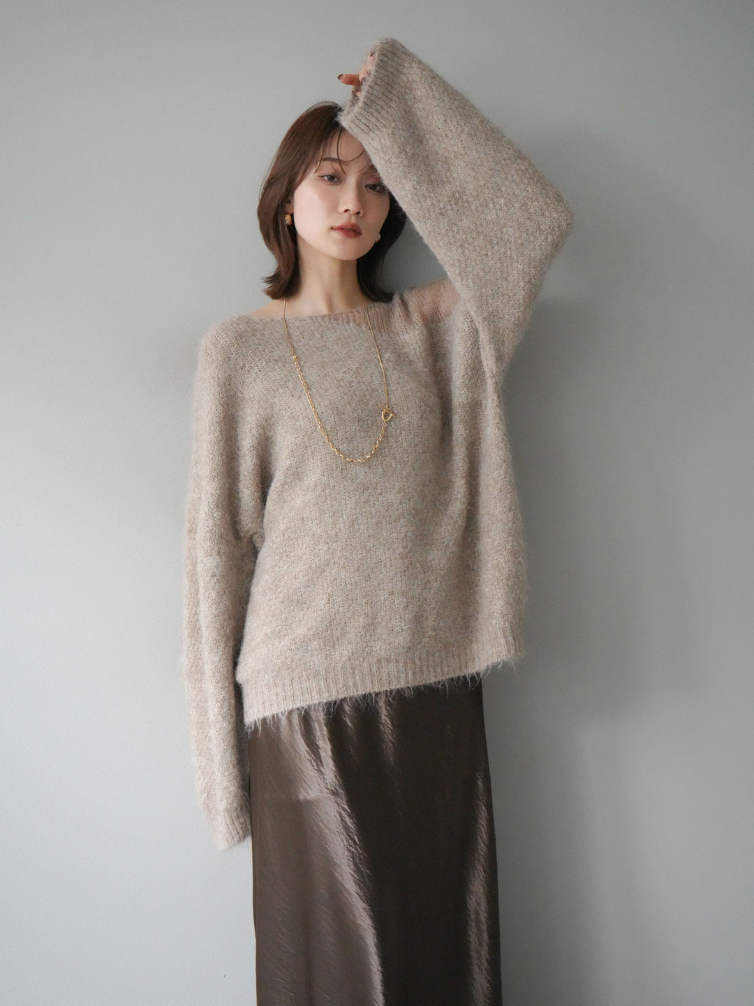 [予約]ネック透かし編みニットプルオーバー/ベージュ