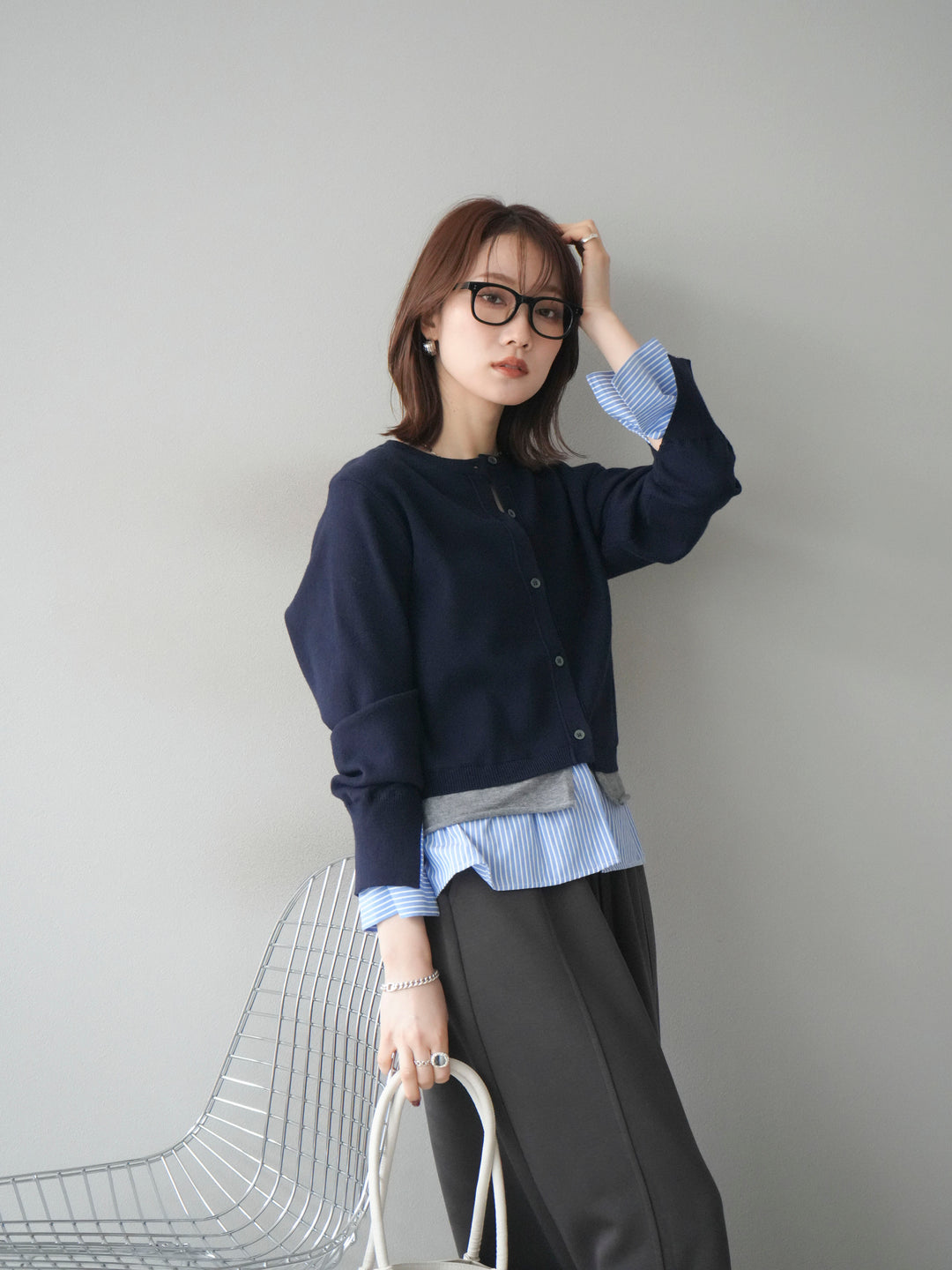 [予約]シャツ襟レイヤードニットカーディガン/navy