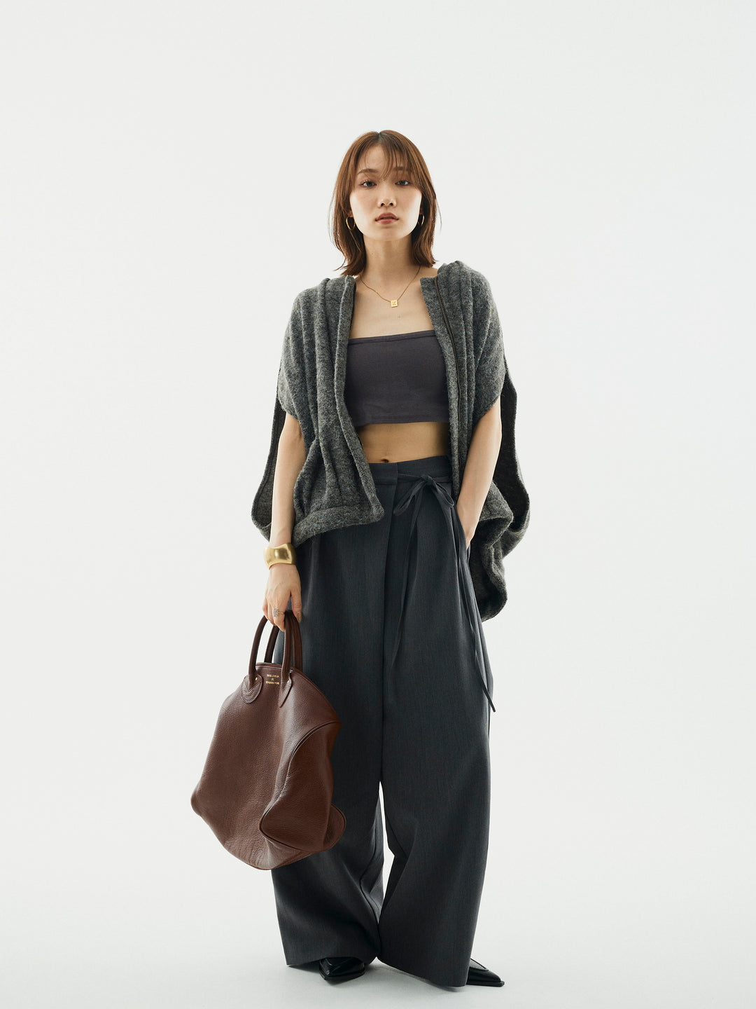 【Allure】[SET]ウール混コクーンブルゾン+ラップデザインタックワイドパンツ(2set)