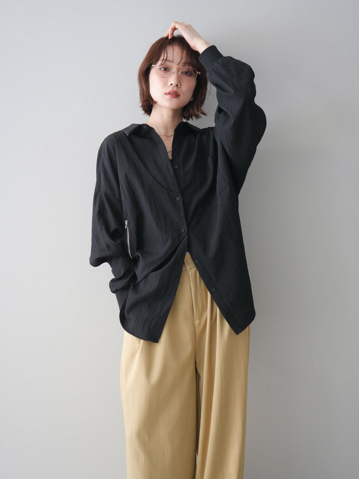 [予約]リブカフスアシンメトリーZIPデザインオーバーシャツ/black