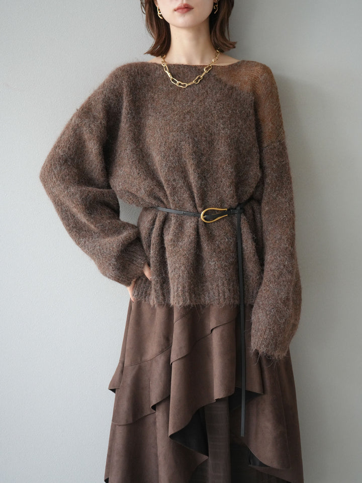 [予約]ネック透かし編みニットプルオーバー/ダークブラウン