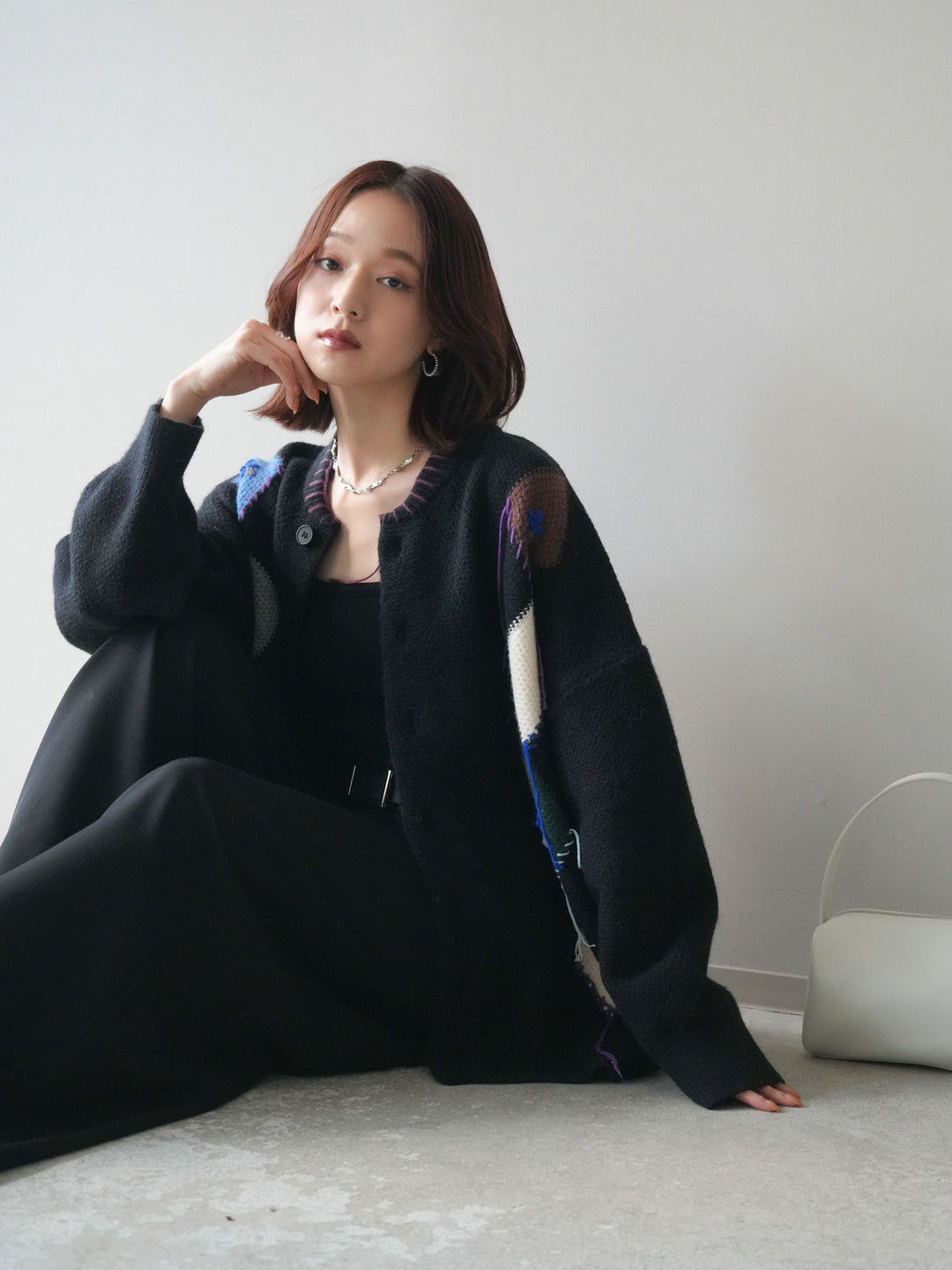 [SET]ハンドステッチアーガイルデザインニットカーディガン+ベルトループデザインワイドパンツ(2set)