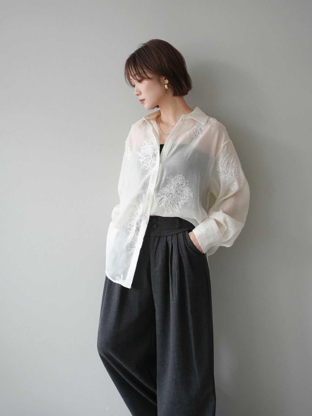 [SET]シアーエンブロイダリーシャツ+ダブルボタンドレープパンツ(2set)