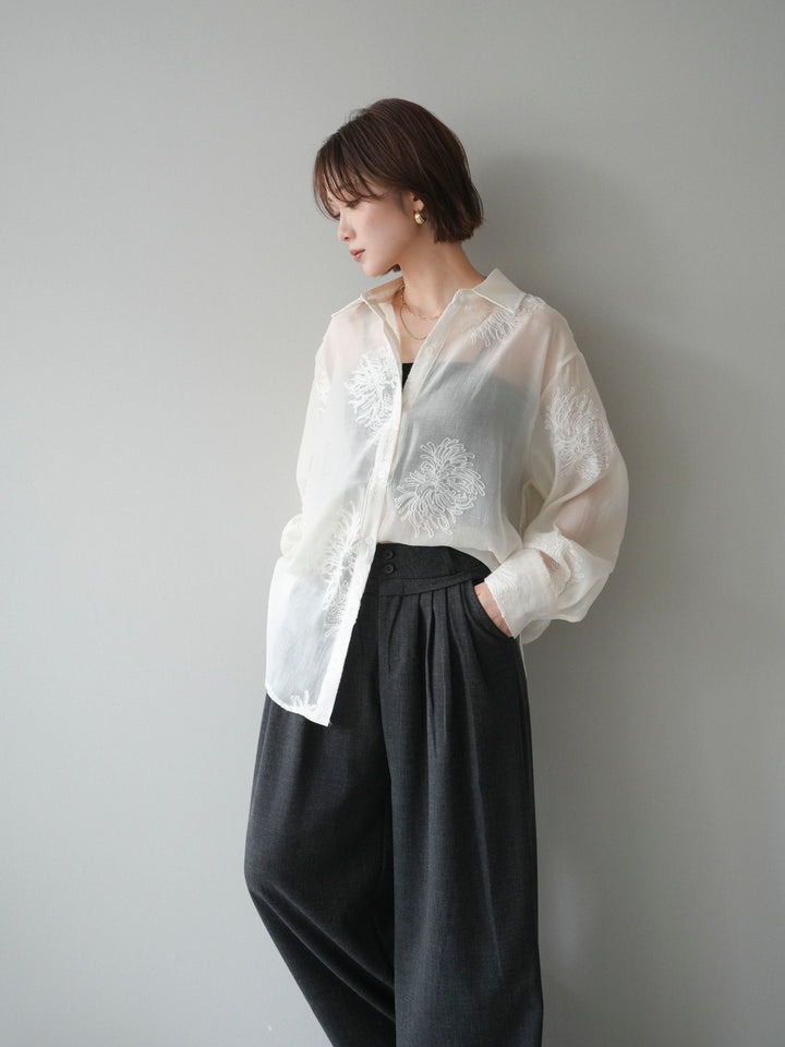 [SET]シアーエンブロイダリーシャツ+ダブルボタンドレープパンツ(2set)
